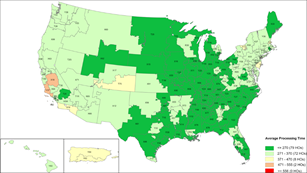 Map of Unites States displaying Average Processing Time