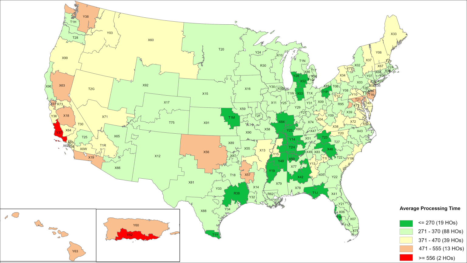 Heat map of the United States and Puerto Rico showing the average hearing wait times for fiscal year 2024. The majority of hearing offices have an average wait time less than 371 days, and 2 hearing offices have a wait time higher than 555 days.